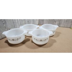 Vintage Dynaware PYR-O-REY Milk Glass Brown Daisy, Small Casserole. Set of 4